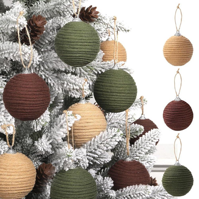 JOICEE 9 Pcs Boho Christmas Ball Ornaments Set, Jute Rope Hanging Balls Neutral Rustic Ornaments Christmas Ball Decoration for Xmas Tree Wreath Garland Party Farmhouse Decor(Green, Linen,Dark Brown)