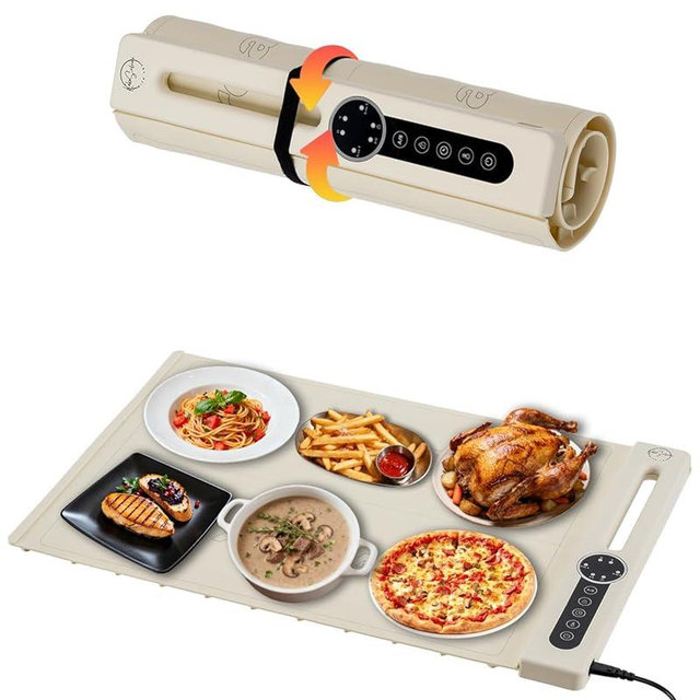 KokoSelene Food Warming Mat, Dual-Zone Heating Mat for Food with 7 Temp & Timer, 10s Fast Heat Flexible Silicone Warmer for Home, Parties, Buffet Serving (Cream-1 PCS)