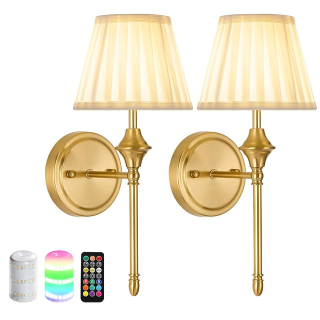 govahb Battery Operated Wall Sconces Set of 2, Vintage Rechargeable Cordless Wall Light with 10000mAh Dimmable Led Bulbs and Remote, Fabric Wireless Wall Mount Lamps for Living Room, Bedroom, Hallway