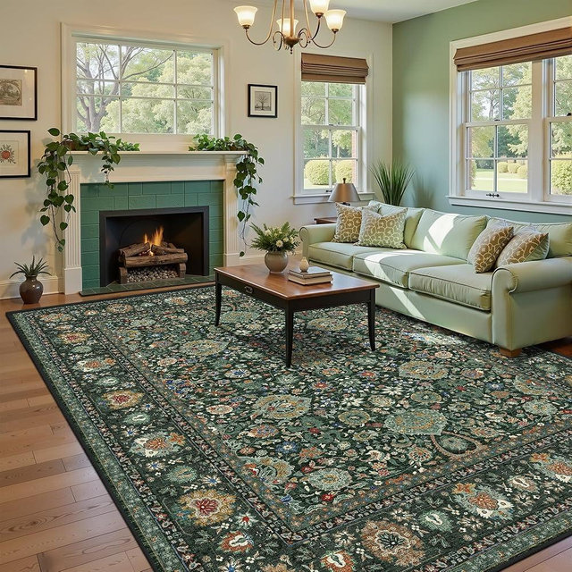 8x10 Vintage Rugs for Living Room, Washable Non Slip Large Area Rug for Bedroom Dining Room Office, Floor Decoration Big Carpet Low-Pile Kid & Pet Friendly Forest Green