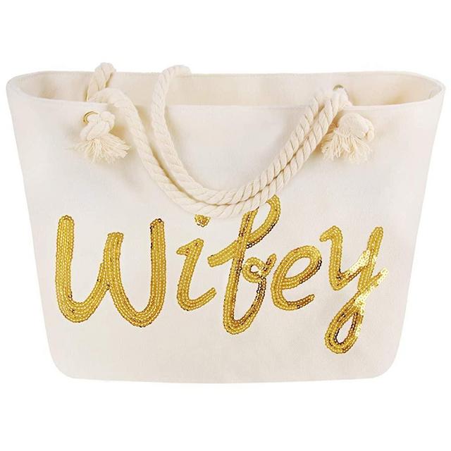 Wifey Bride Tote Bag for Wedding with Zipper Large Beach Shoulder Bride Bag for Engagement with Gold Sequin Shower Honeymoon Gift Beige