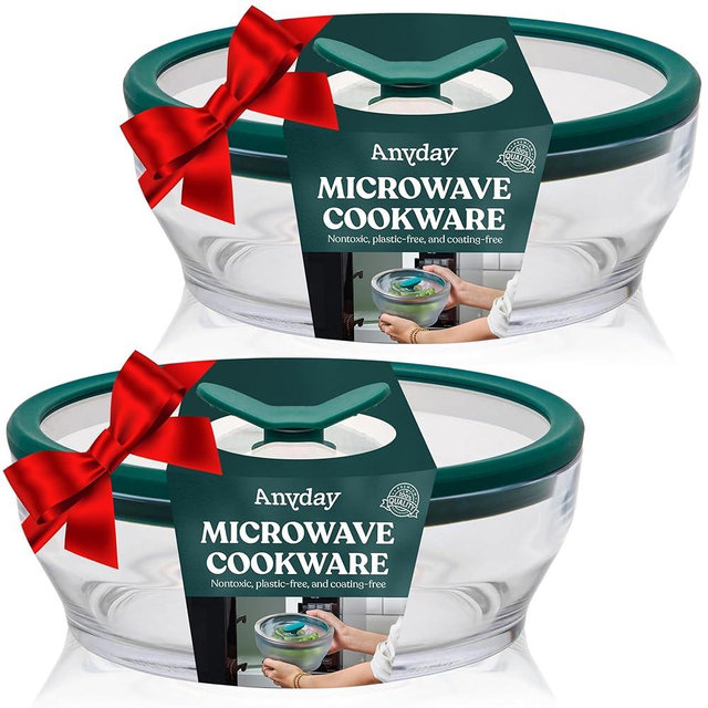 Anyday 2-Pack (4-Cup Shallow) Glass Food Storage with Glass Lids | Plastic-Free Meal Prep & Microwave Cookware | Stackable Airtight Storage Container with Vented Lid for Microwave-Safe Reheating