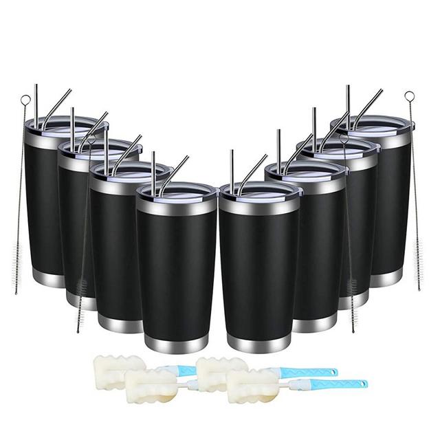 MEWAY 20oz Tumbler 8 Pack Double Wall Vacuum Insulated Travel Mug Bulk, Stainless Steel Tumblers with Lid and Straw, Durable Powder Coated Coffee Cups for Cold & Hot Drinks (Black, 8)