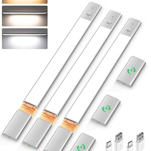 EZVALO Under Cabinet Lighting, Motion Sensor Closet Lights with 3 Extra Batteries, 76 LEDs Dimmable Eye-Caring Rechargeable LED Lights, 3 Color Temps, Under Counter Lights for Kitchen, Wardrobe