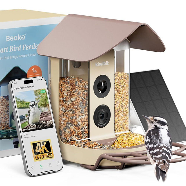 Kiwibit Smart Bird Feeder with Camera Solar Powered, 4K Video Live Stream, Wireless Outdoors Bird Camera, AI Identification Bird Species, Real-Time Bird Alert, Gift for Bird Lovers, Autumn Clay