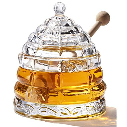 2 pcs Dippers and Honey Jar Set, Paulsway Beehive Honey Jar with Wooden Dipper Set, Glass Honey pot with Wooden Dipper, 9 Ounces, Honey Syrup Glass Container for Storage