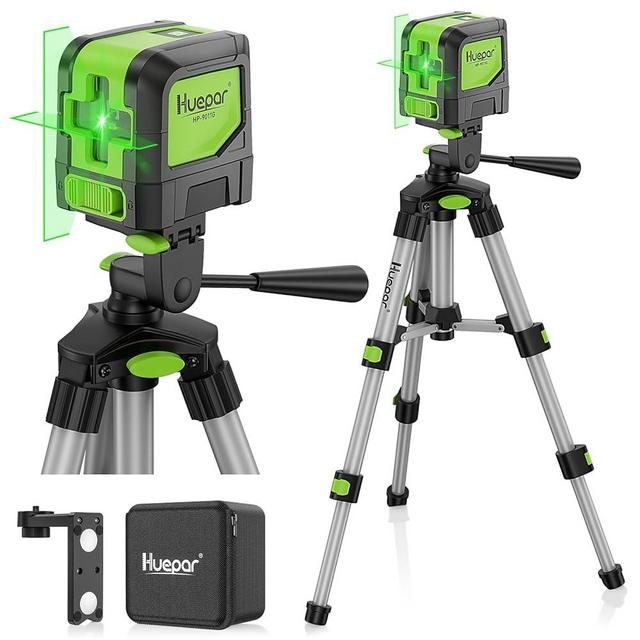Huepar Cross Line Laser Level with Lightweight Tripod, DIY Self-Leveling Green Laser Horizontal & Vertical Line Laser with 100 Ft Visibility, Green Laser Line for Construction, Tile, Home Renovation