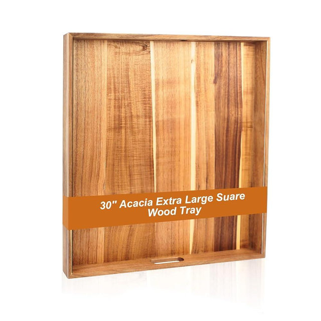 30'' Extra Large Square Wood Tray - Acacia Wood Ottoman Tray with Handles, Rustic Serving Tray for Living Room, Kitchen and Coffee Table, Wooden Trays for Ottoman,Ottoman Table Topper