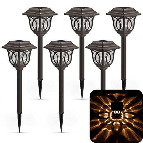 Solar Path Lights – 6 Pack Solar Pathway Lights Solar Powered Reddish-Brown Glass Lampshade & Stainless Steel, Auto On & Off, 25 Lumens, Waterproof Solar Lights Outdoor Decor for Path, Landscape