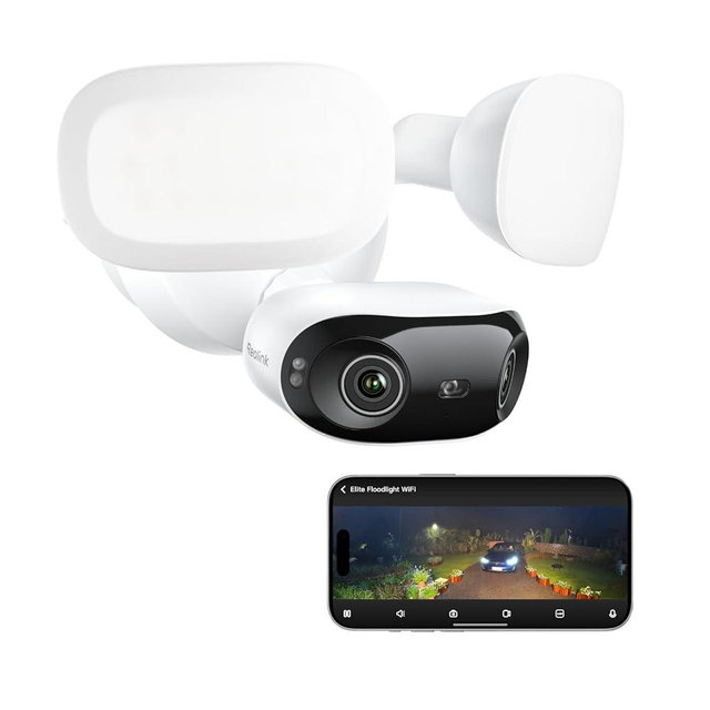 REOLINK Elite Floodlight WiFi, 4K 8MP 180° Panoramic Wired Floodlight Camera, Adjustable 3000 Lumens, Local AI Video Search, Dual-Band Wi-Fi 6, 24/7 Recording, No Monthly Fees, 100~200V AC Hardwired