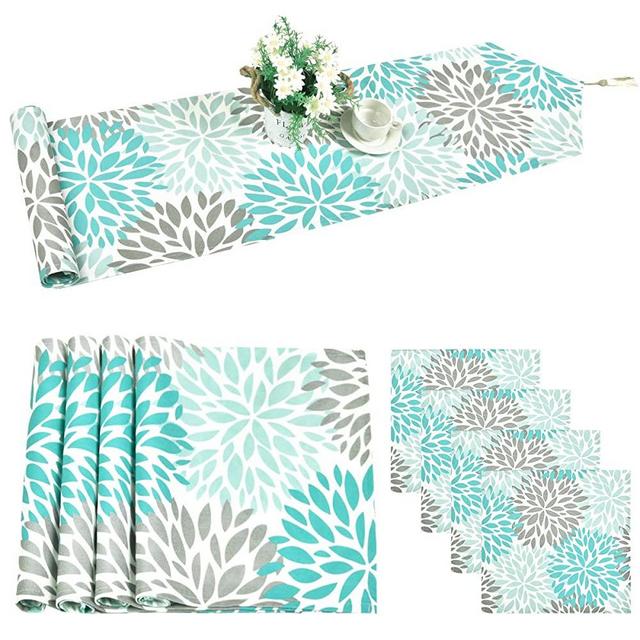 Alishomtll Dahlia Pinnata Table Runner Sets with 4 Placemats Green Gray Print Flower Table Mats Set with Napkin for Summer and Spring Holiday Catering Events, Wedding, Indoor and Outdoor Parties