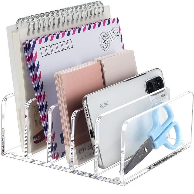 BEYGORM Acrylic Mail Holder, Clear Desk Organizer with Divider, Vertical Letter Sorter for Desktop, 5 Compartments Modern Office Home Envelope Organizer for Bill, Document, Notebook