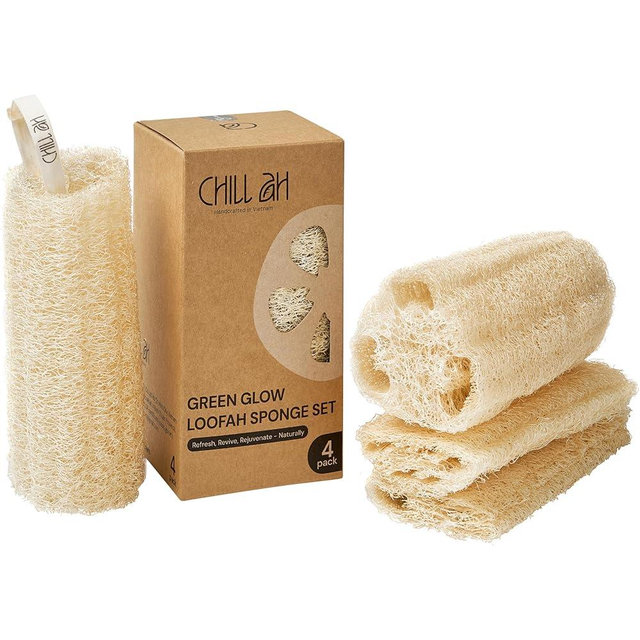 Chill Ah Green Glow Natural Loofah Sponge Set – 100% Plant-Based, dye-Free, Biodegradable, Scratch-Free, Handcrafted in Vietnam (4-Pack)