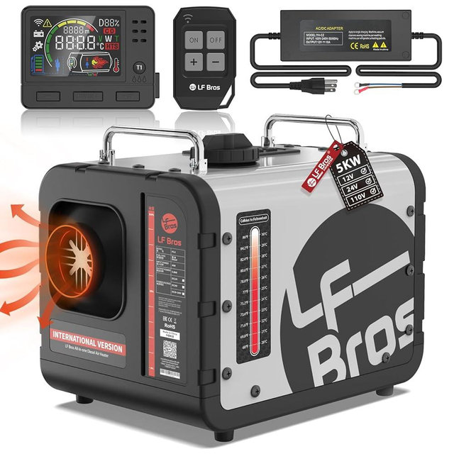 LF Bros 110V/12/24V 5KW Diesel Heater, All-in-One 5L Air Diesel Parking Space Heater with Stylish Design, Come with Remote Control and LCD Screen, Suitable for Home Shop Garage Camper