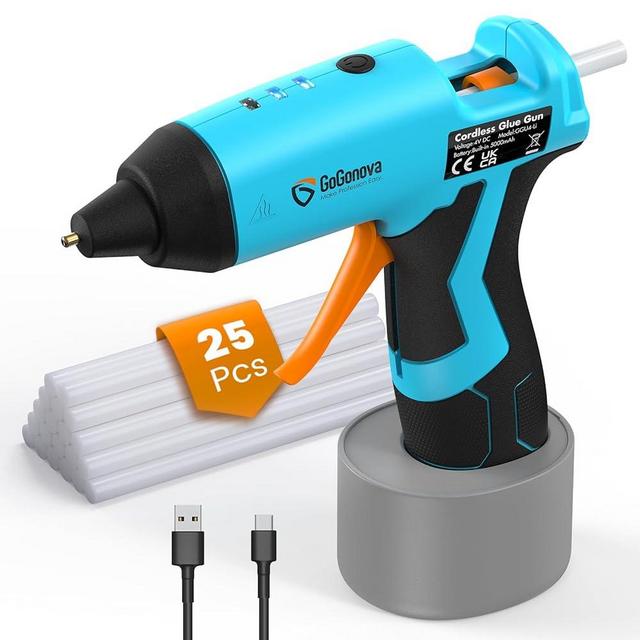 Cordless Hot Glue Gun, GoGonova 15s Fast Preheating 5Ah Built-in Battery Hot Melt Glue Gun, Smart Power-Off, Kit with 25 Pcs Premium Mini Glue Sticks and USB-C Charging Port