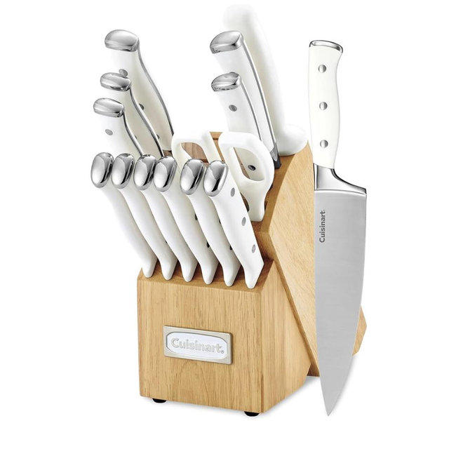 Cuisinart 15-Piece Knife Set with Block, High Carbon Stainless Steel, Forged Triple Rivet, White, C77WTR-15P