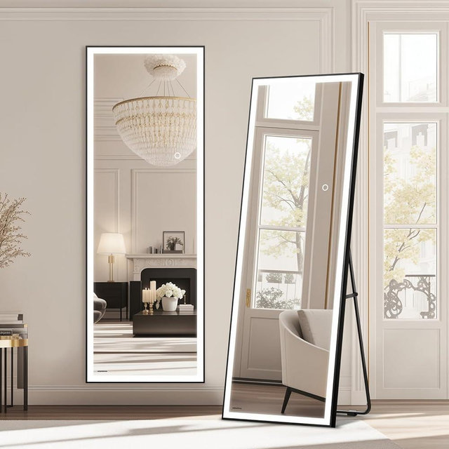 Kosmonia 64x21 Full Length Mirror, Dimmable 3 Color LED Light w/Light Memory, Distortion Free Silver Coating Mirror, HD Reflection &Anti Desilvering,Tempered Glass &Shatter Proof Film Doubles Safety