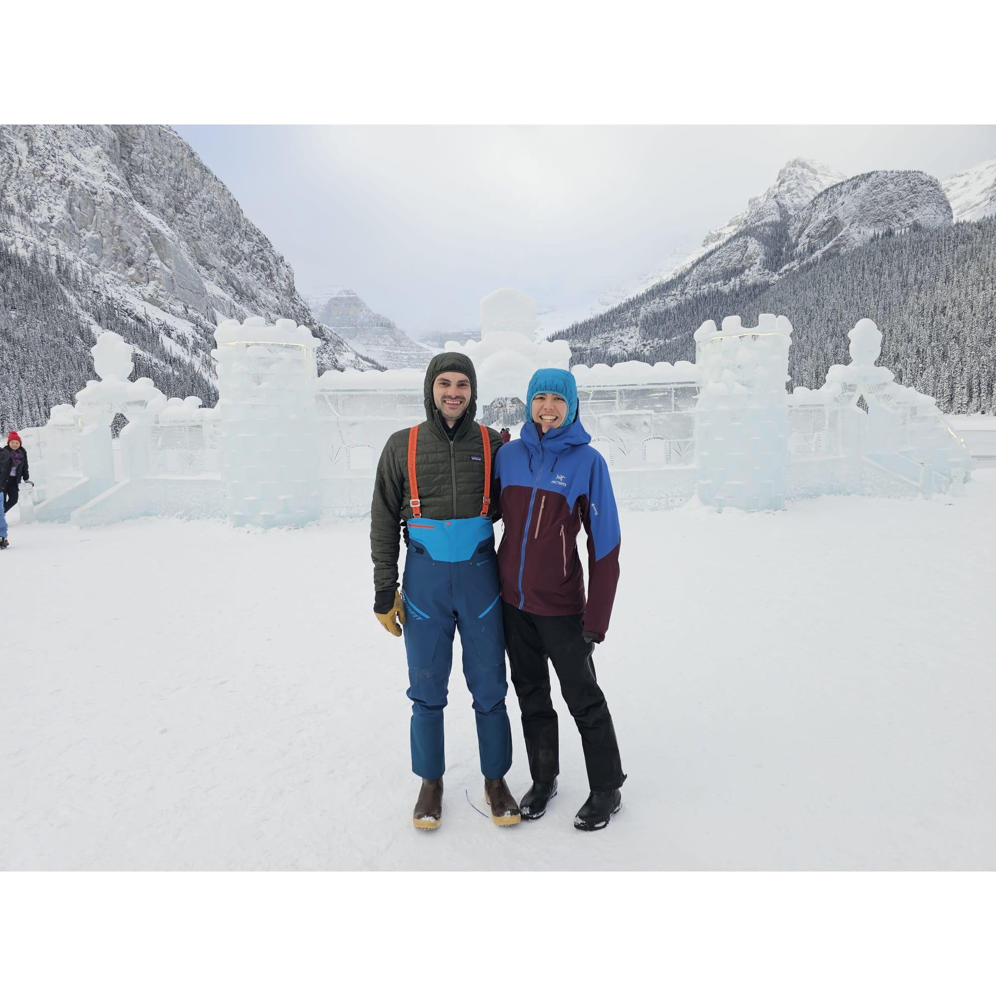 Michelle grew up on epic ski roadtrips with her dad, this was Brian's first time along for the ride. Lake Luise, Banff.