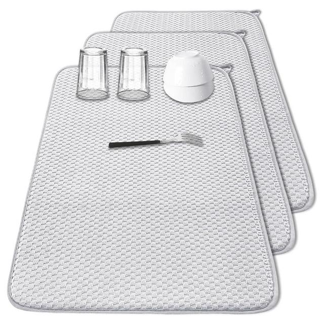 3 Pcs XXL Dish Drying Mat,Absorbent Microfiber Dishes Drainer Mats,Large Size 24×17" Pads for Kitchen Counter,Coffee,Rack,Under Sink,Light Gray