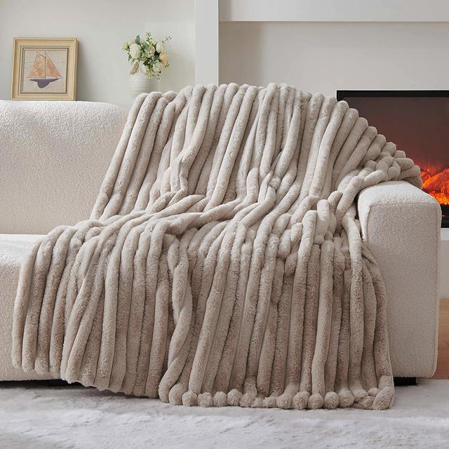 Lotus Karen Faux Fur Throw Blanket - Stripe Faux Rabbit Fur Blanket for Couch, Cozy Soft Fluffy Fuzzy Blanket, Warm Thick Furry Plush Shaggy Small Blankets for Women, Linen,50x60 Inches