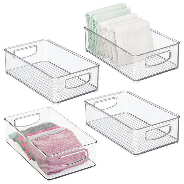 mDesign Small Plastic Storage Organizer Container Bin, Closet Organization for Hallway, Bedroom, Linen, Coat, and Entryway - Holds Clothing, Blankets, Accessories, Toys, and Essentials, 4 Pack, Clear