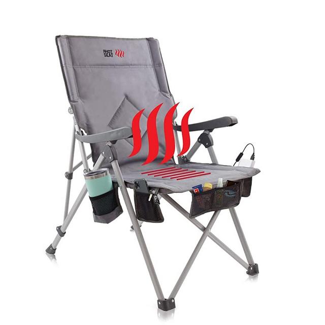 POP Design, The Hot Seat, Heated Portable Chair, Perfect for Camping, Sports, Beach, and Picnics. USB Heated with Extra-Large Armrests, X-Large Travel Bag, 5 Pockets, Cup Holder, Battery NOT Included