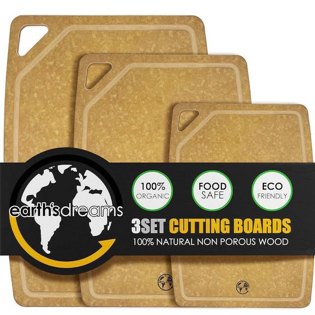 Earth’s Dreams Wood Cutting Board Set 3-Piece: Small, Large & Extra Large - Charcuterie Board, Non-Plastic, Non-Toxic, Heavy-Duty, Dishwasher Safe (Tan/Juice)