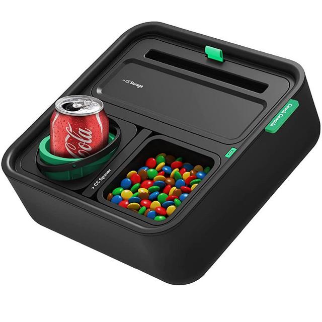 Couch Console Original Cup Holder Tray - Drinks & Snacks Sofa Caddy with Armrest, Table with Phone Stand- TV Remote Control Storage and Organizer - for Living Rooms, RV, and Cars, Black/Green