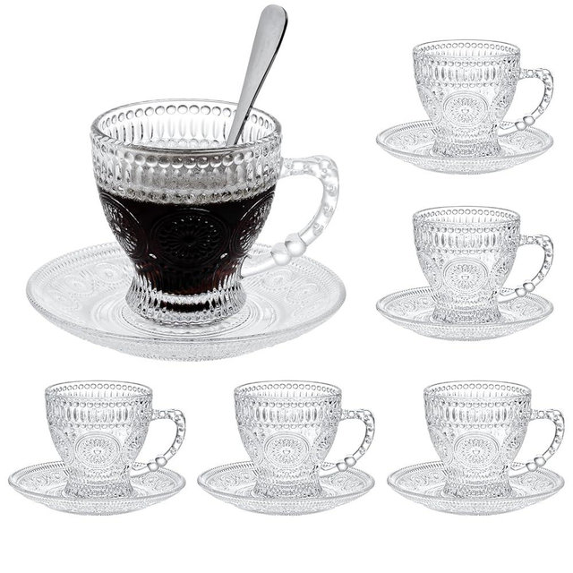 GURUDAR Glass Teacups and Saucers Set of 6, Vintage Coffee Mugs with Stainless Steel Spoon, Dishwasher & Microwave Safe Teacups for Espresso Cappuccino Latte Tea Juice, 7OZ/210ML, Clear