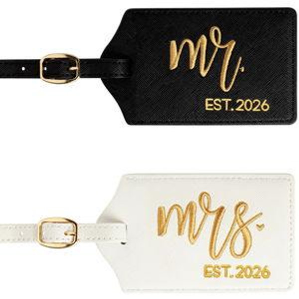 CHOIEO Mr and Mrs Luggage Tags, Bridal Shower Gift Honeymoon Gifts Wedding Gifts for Bride, PU Leather Travel Tags with Name ID Address Card (Black/White Gold Mrmrs Est2026)