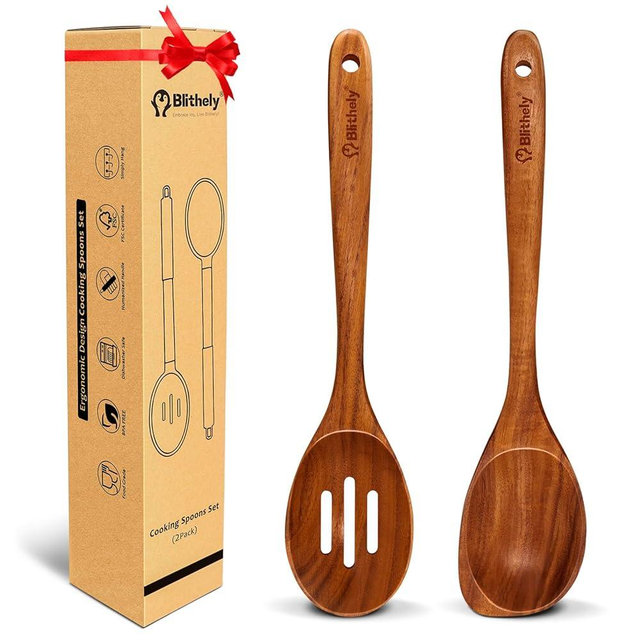 2 Pack Wooden Spoons for Cooking, Natural Teak Wood Corner Spoon and Slotted Spoon, Nonstick Smooth Wooden Cooking Spoon Set, Heat Resistant Wooden Cooking Utensils for Cooking, Serving and Mixing