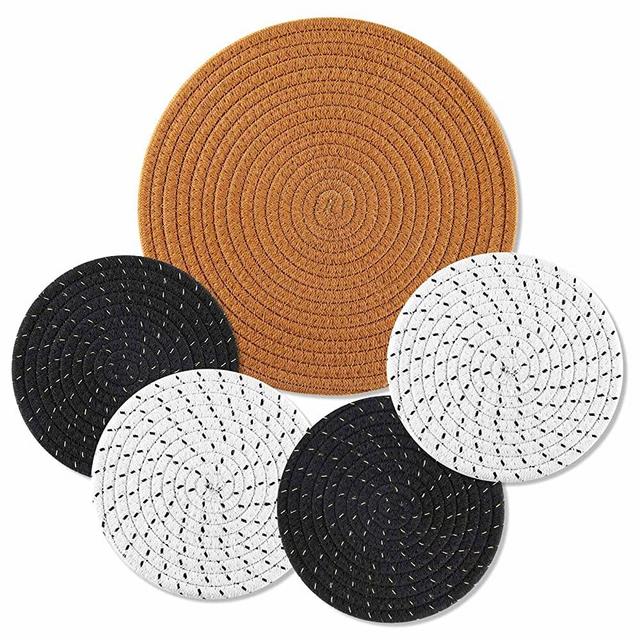 Trivet Hot Pot Holders Pads: Humbson 5 Pcs Trivets for Hot Dishes - Hot Pot Holder - Cotton Woven Hot Mat - Pot Coasters for Kitchen - 1 Pcs 11.8 inches - 4 Pcs 7 inches (Brown)