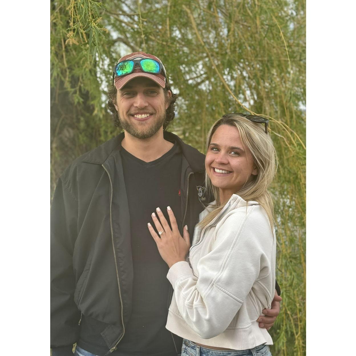 Elyce and Harrison by a Weeping Willow Tree at Hells Backbone where Harrison Proposed
