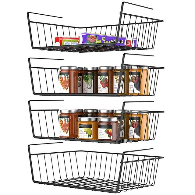 Under Shelf Basket, Veckle 4 Pack Wire Basket Hanging Shelf Basket Under Shelves Storage Rack for Kitchen Slide-in Black
