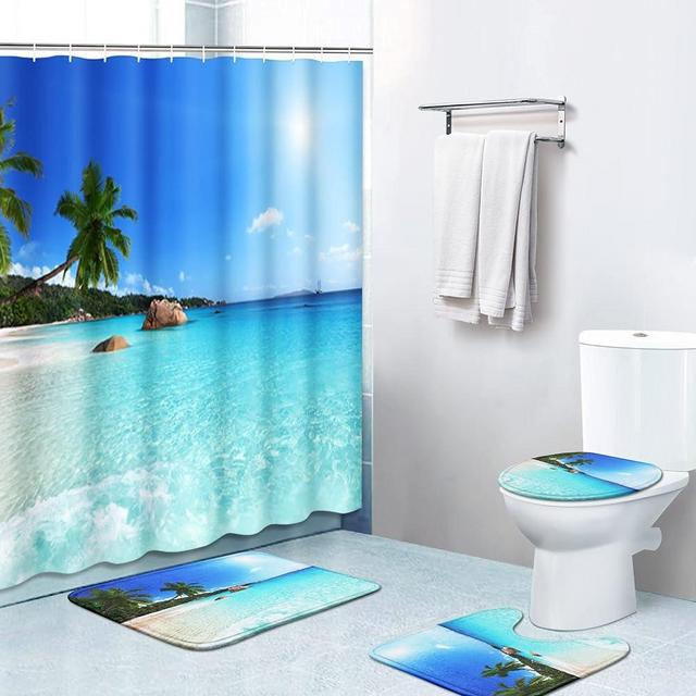 Britimes 4 Piece Shower Curtain Sets, with 12 Hooks, Tree Tropical Beach with Non-Slip Rugs, Toilet Lid Cover and Bath Mat, Durable and Waterproof, for Bathroom Decor Set, 72" x 72"