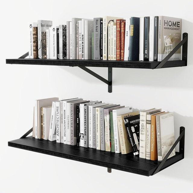 Deep Wall Shelves 36"W x 12"D Engineered Wood Floating Shelves for Wall, Sturdy Metal Bracket Bookshelves Home Decor Storage for Living Room Bedroom Bathroom Kitchen, Set of 2, Black Finish