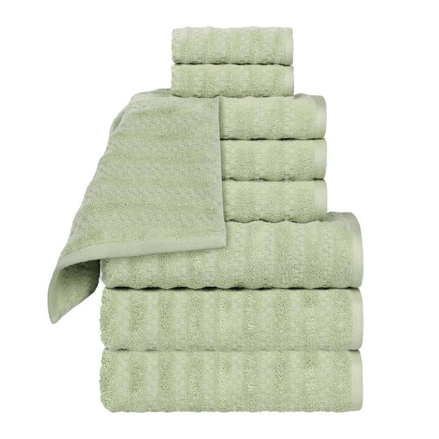 Waffle Textured Stripes Zero Twist Cotton Medium Weight 9 Piece Towel Set, Green - Blue Nile Mills