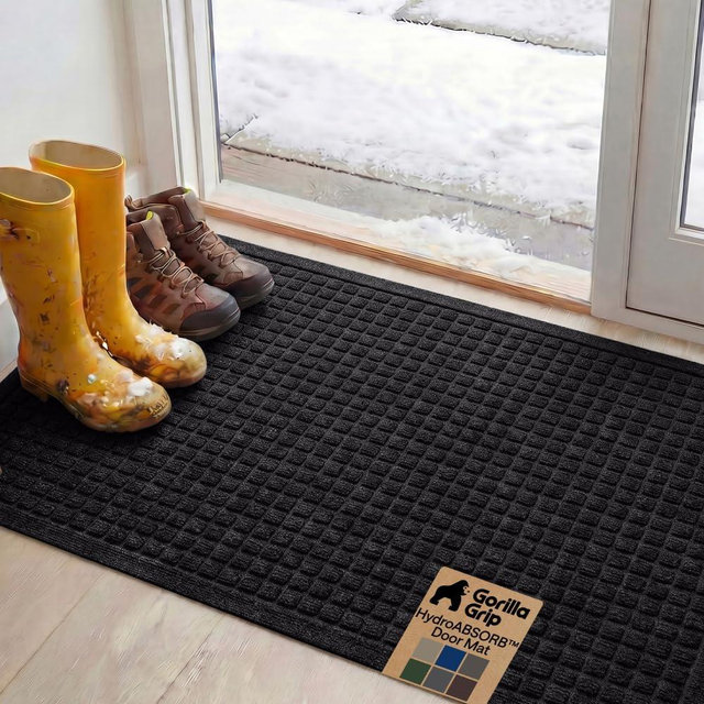 GORILLA GRIP® Ultra Absorbent Front Door Mat Outside Entrance, 47x35, Traps Dirt and Moisture, HydroABSORB Indoor Outdoor Doormat Holds Up to 6 Cups Water, Stain and Fade Resistant Welcome Mat, Black