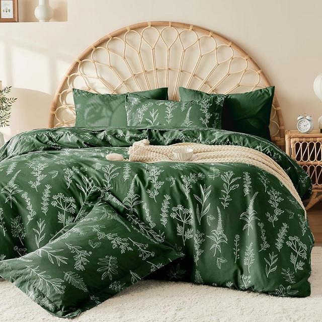 MUXHOMO Dark Green King Comforter Set, Elegant Floral Print Bed in a Bag 7 Pieces, Ultra Soft & Breathable Reversible Botanical Pattern Bedding Set with Comforter, Sheets, Pillowcases, and Shams
