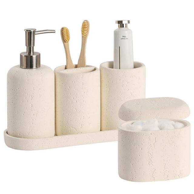 Haocoott Bathroom Accessories Set, 5PCS Modern Bathroom Accessory Set with Soap Dispenser, Mouthwash Cup & Toothbrush Holder, Qtip Holder, Tray