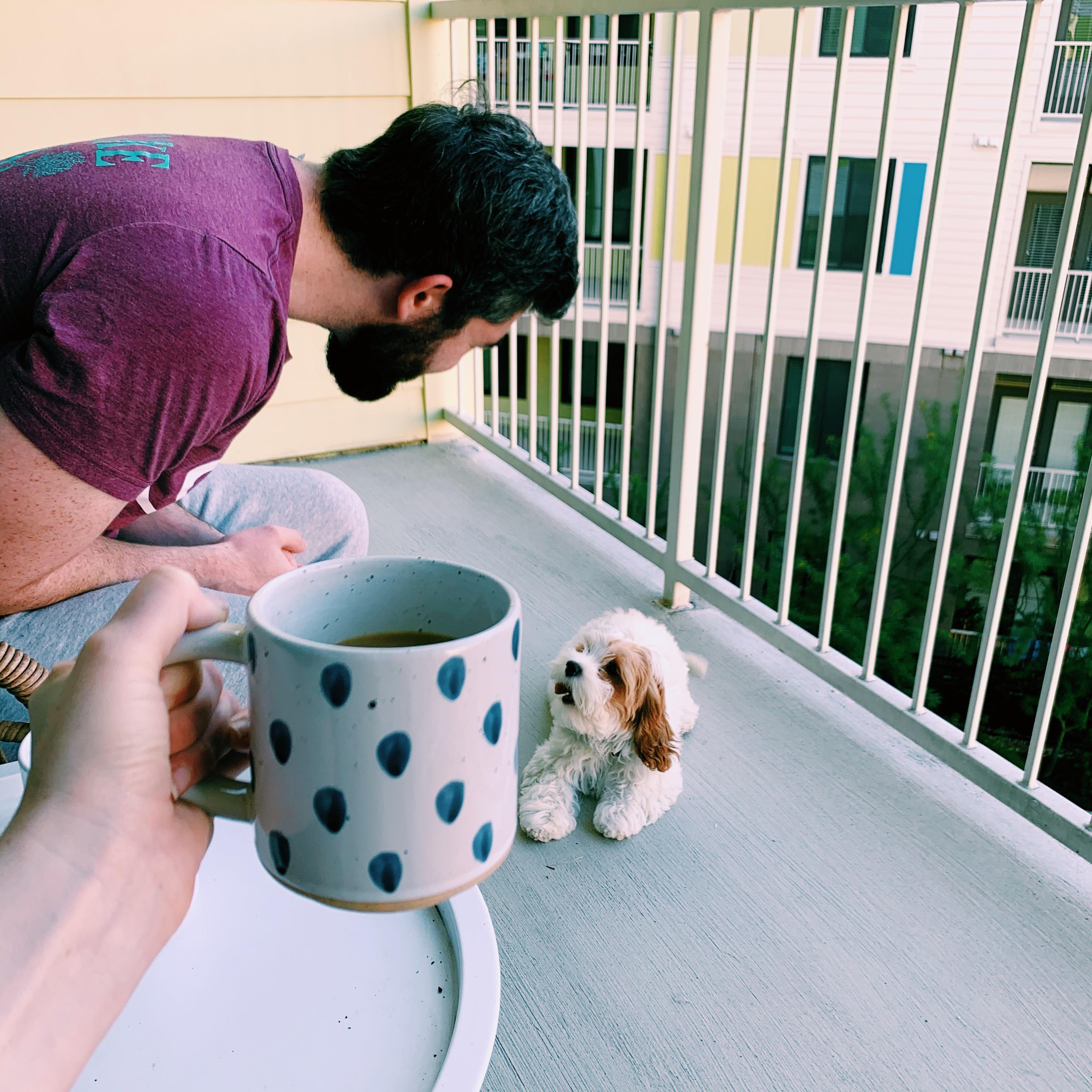 Coffee on the patio, loving on June.