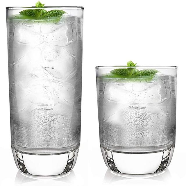 Drinking Glassware Set by Home Essentials and Beyond – Set of 8 Glasses – Includes 4 Highball Glasses 17 oz. | 4 Rocks Glasses 13 oz. – Heavy Flat Base – Ideal Water, Juice, Beer, Wine, Cocktails