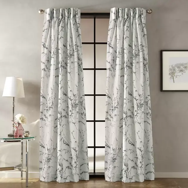Botanical 95-Inch Pinch Pleat Window Curtain Panel in Charcoal