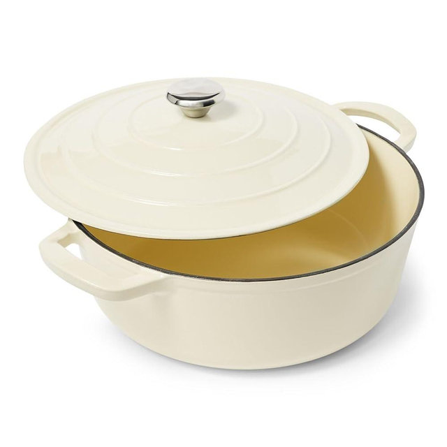Sur La Table Enameled Cast Iron Round Wide Dutch Oven, 7 qt, Almond