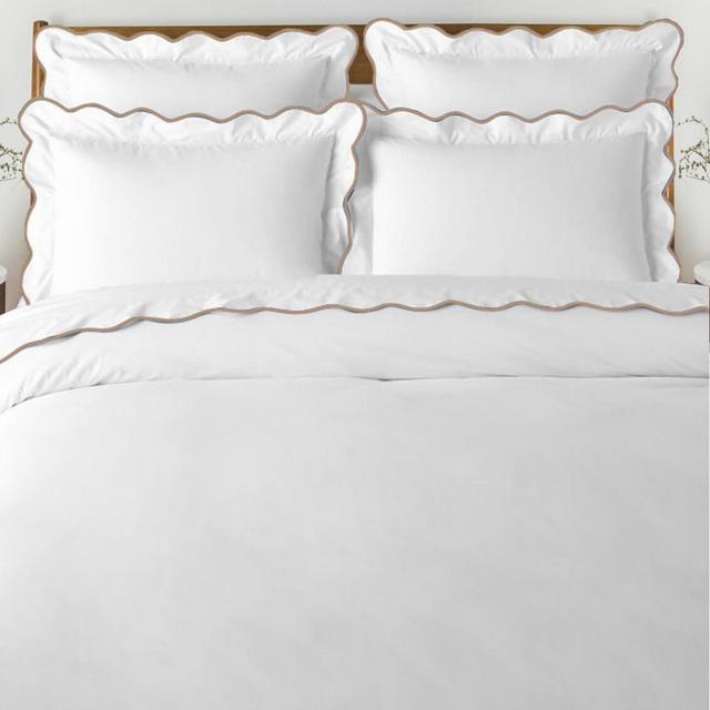 Pushp Linen 100% Cotton Scalloped 400TC Sateen Hotel Stitch Duvet Cover Set with scalloped embroidered