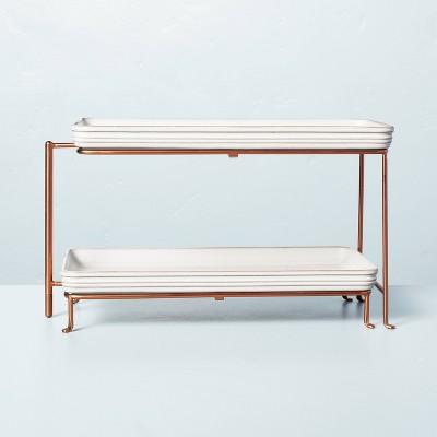 2-Tier Stoneware & Metal Serving Stand Cream/Copper - Hearth & Hand™ with Magnolia