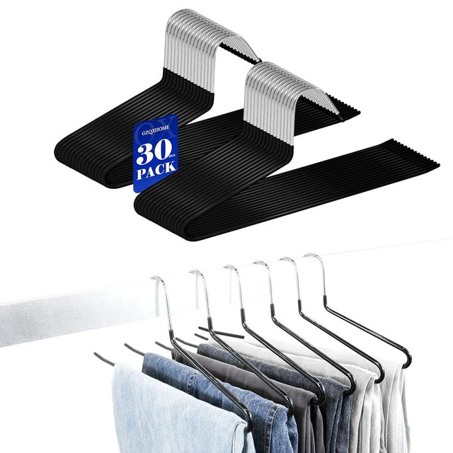 GZQXHOME Pants Hangers 30 Pack Non Slip,Trouser/Blanket/Jeans Hangers for Closet Space Saving,Open Ended Pants Hanger Strong Durable (Black)
