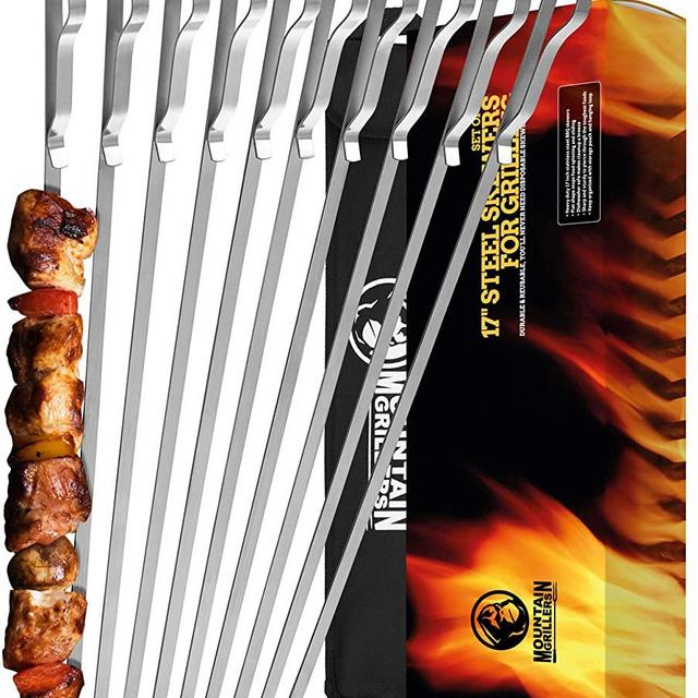 BBQ Grilling Kabob Skewers - 17” Stainless Steel - Long Reusable Flat Metal - Barbecue Shish Kebab Sticks – Set of 10 w/ Handy Storage Bag