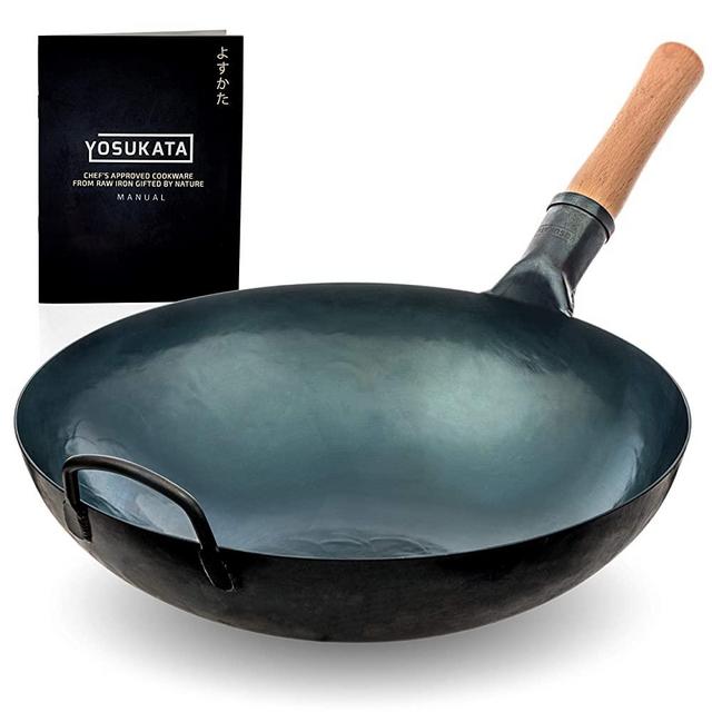 Pre-Seasoned Blue Carbon Steel Wok Pan – 14" Woks and Stir Fry Pans - Chinese Hammered Wok Round Bottom Pow Wok - Traditional Chinese Japanese Woks - Blue Steel Wok (14", Blue)