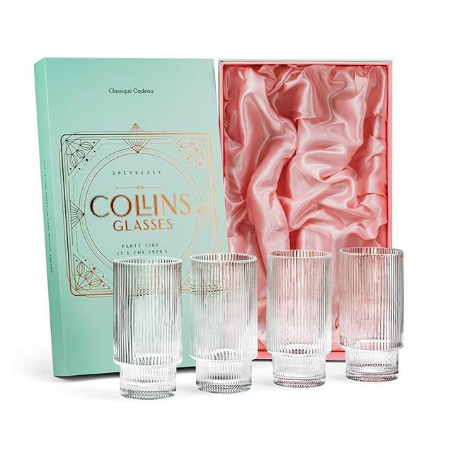 Vintage Art Deco Highball Ribbed Cocktail Glasses | Set of 4 | 14 oz Crystal Collins Glassware for Drinking Mojito, Tom Collins, Classic Hi Ball Bar Drinks | Skinny Tall Barware Tumblers
